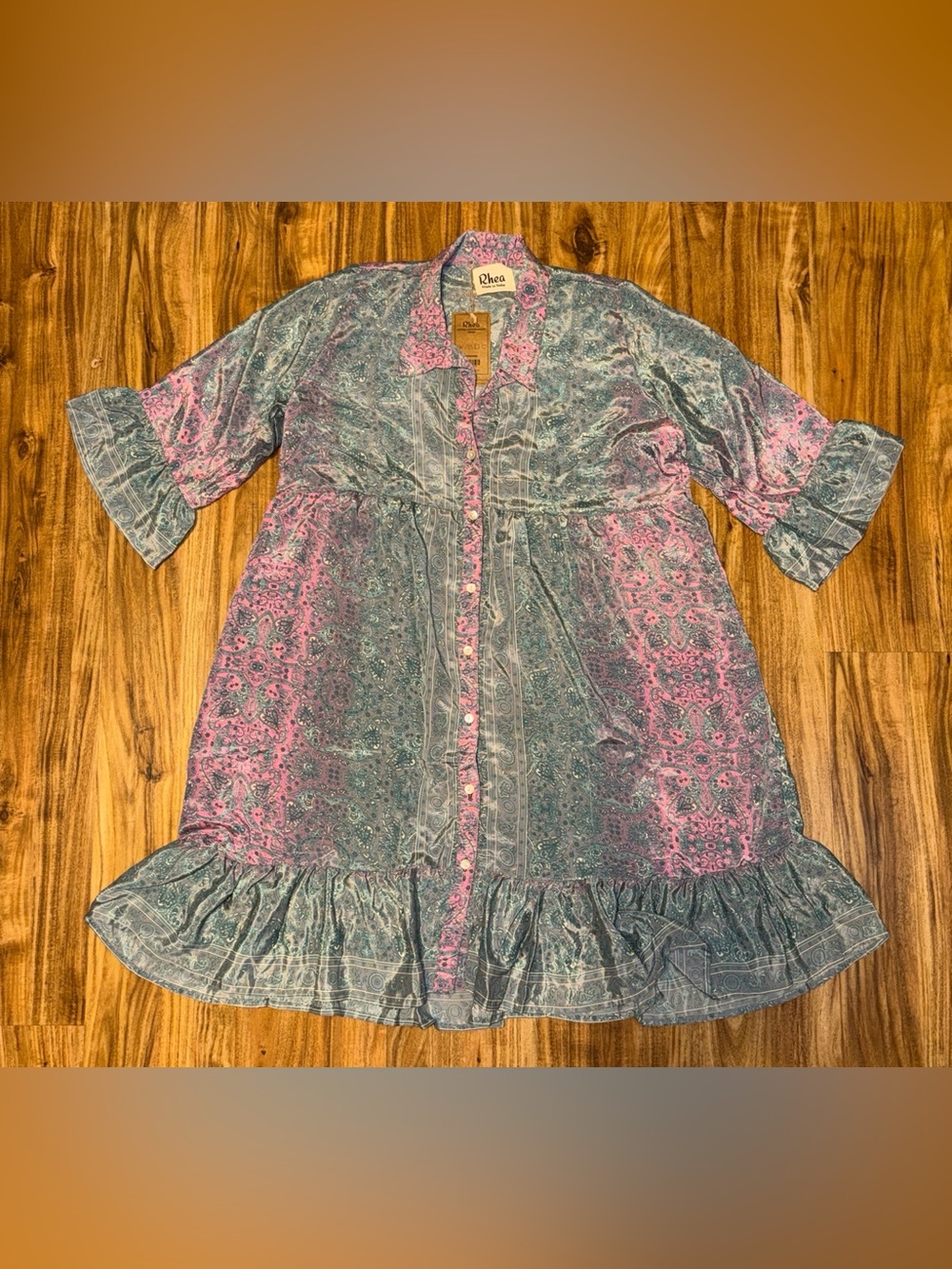 Rhea women dress large 12 14 Pink Teal Paisley' knee Button Front boho tunic NWT
